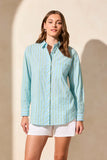 Poplin Double Stripe Roll-Up Sleeve Button-Front Shirt