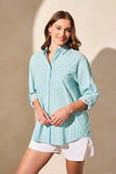 Poplin Double Stripe Roll-Up Sleeve Button-Front Shirt