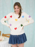 Multicolor Heart Crewneck Knit Pullover Sweater