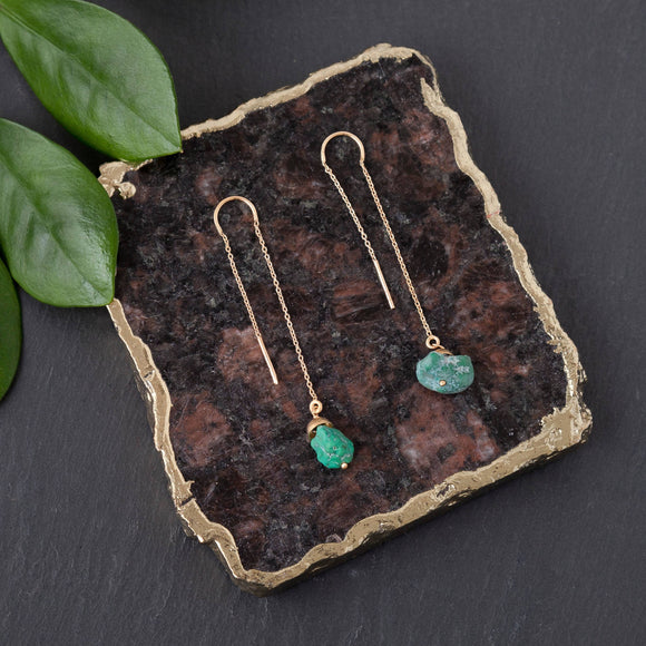 Threader Earring with Rough Cut Turquoise Stone: 22k Gold Plated