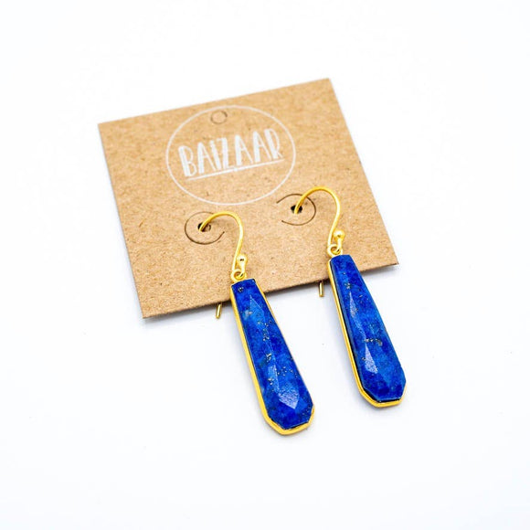 Brass Faceted Teardrop Stone Earrings: Lapis Lazuli