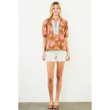 Short Sleeve Floral Pattern V-Neck Shirt