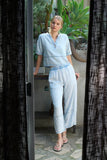 Washed Denim Split Neck Short Sleeve Top