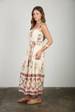 Floral Boarder Pattern Belt Strap Midi Dress