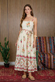 Floral Boarder Pattern Belt Strap Midi Dress