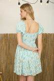 Gradient Floral Front Tie Puff Sleeve Midi Dress