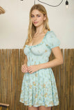 Gradient Floral Front Tie Puff Sleeve Midi Dress