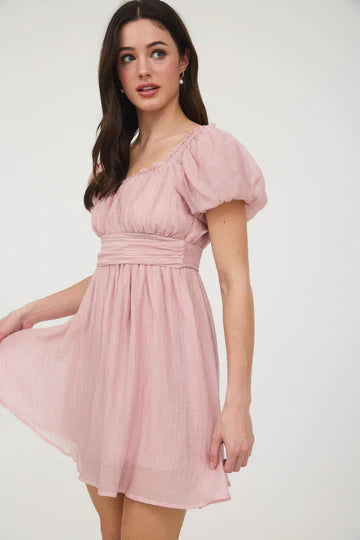 Balloon Sleeve Ruffle Trim Mini Dress
