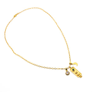 Brass Emerald and Moonstone Charm Necklace 