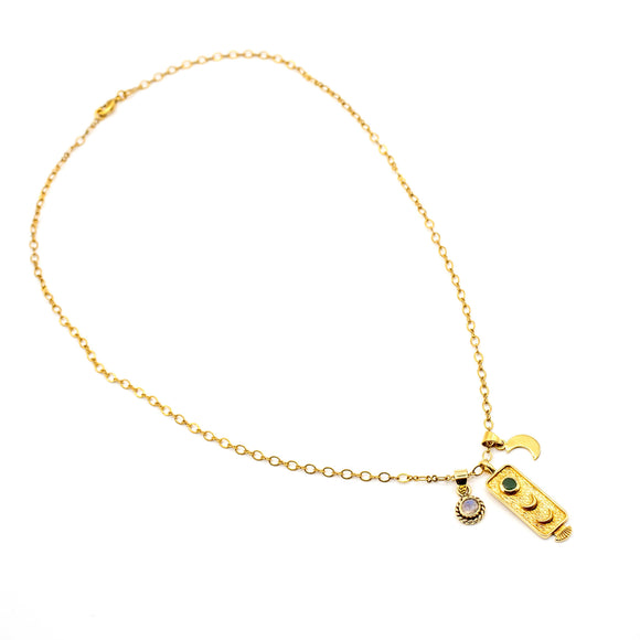Brass Emerald and Moonstone Charm Necklace 