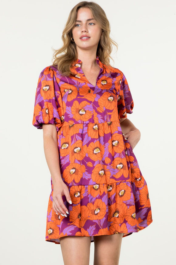 Puff Sleeve Flower Print Dress