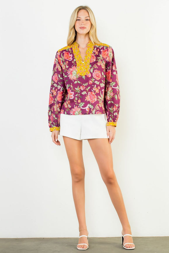 Contrast Placket Floral Long Sleeve Top