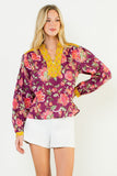 Contrast Placket Floral Long Sleeve Top