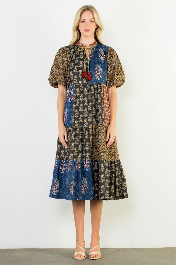 Puff Sleeve Floral Print Tiered Dress