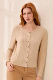 Soft Textured Crew Neck Button-Front Long Sleeve Knit Top