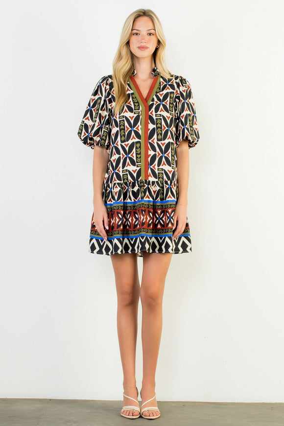 Puff Sleeve Print V-Neck Dress